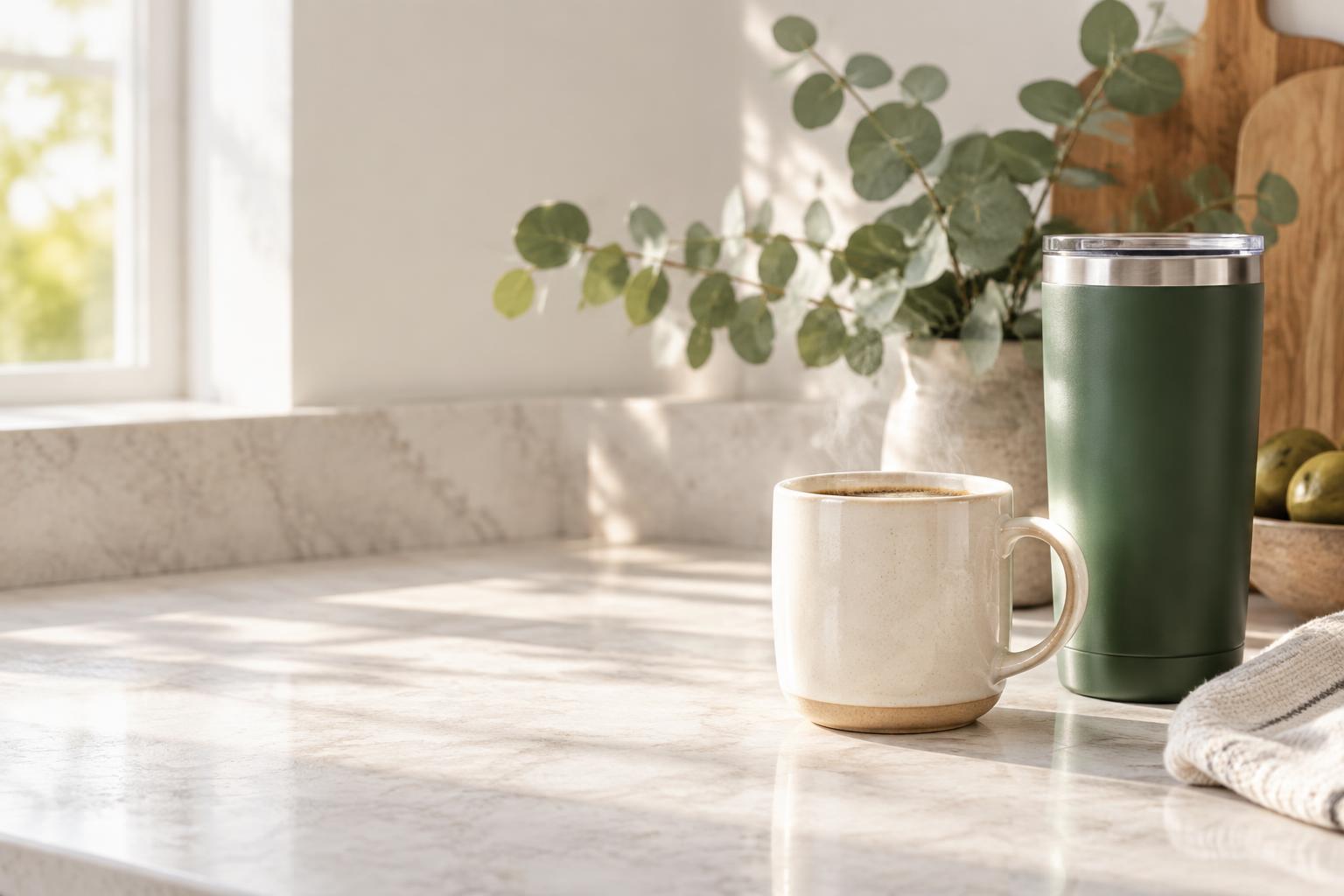 Simple Wellness mug and tumbler in warm morning light